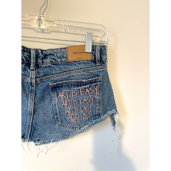 Zara Art is Easy Cut Off Distressed Denim Shorts Blue Pink Size 4 - Picture 3 of 6